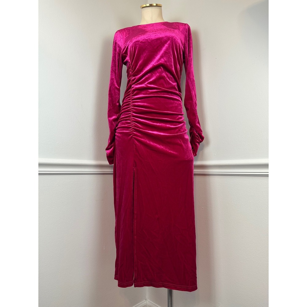SAM EDELMAN Pink Velvet Long Sleeve Bodycon Midi Dress Front Slit Party NYE | 8 - Picture 5 of 13